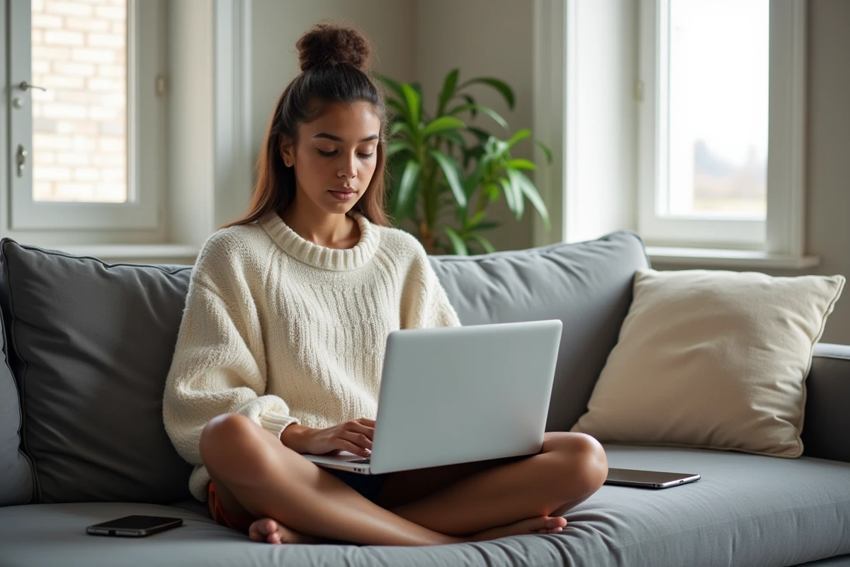 Jeune fille étudiante comparant les spécifications d'iPhone et Samsung sur son canapé, guide de sélection téléphone