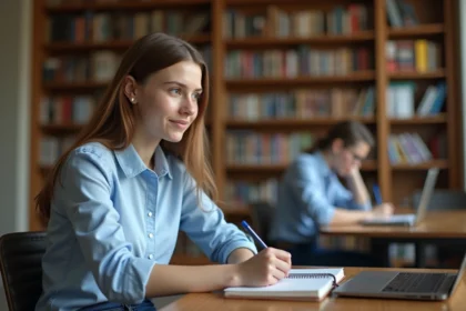 Étudiante travaillant sur son ordinateur portable dans une bibliothèque universitaire pour préparer sa recherche de stage