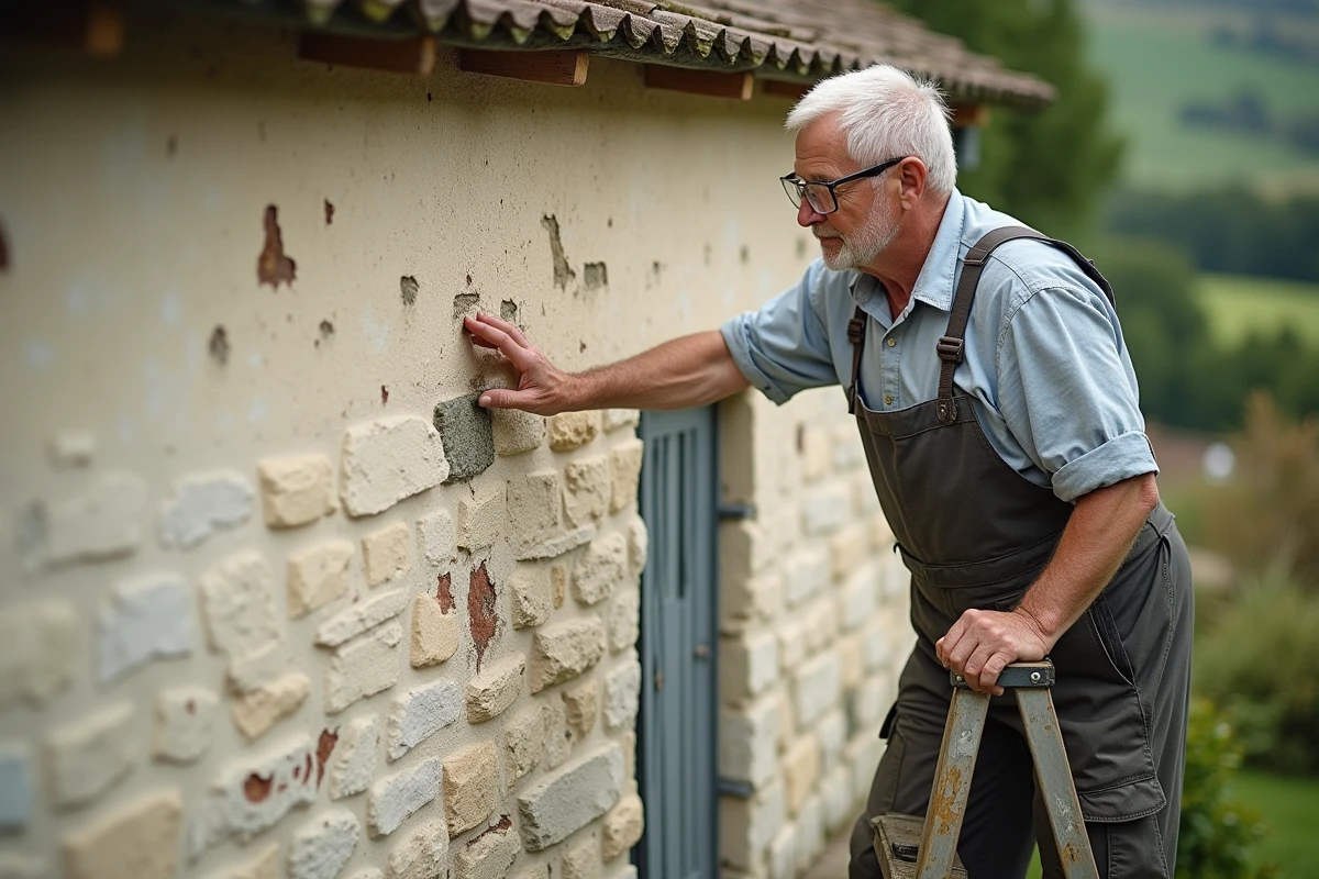 Propriétaire pointant les dégâts d'humidité et l'écaillage de peinture sur une façade de maison ancienne en pierre