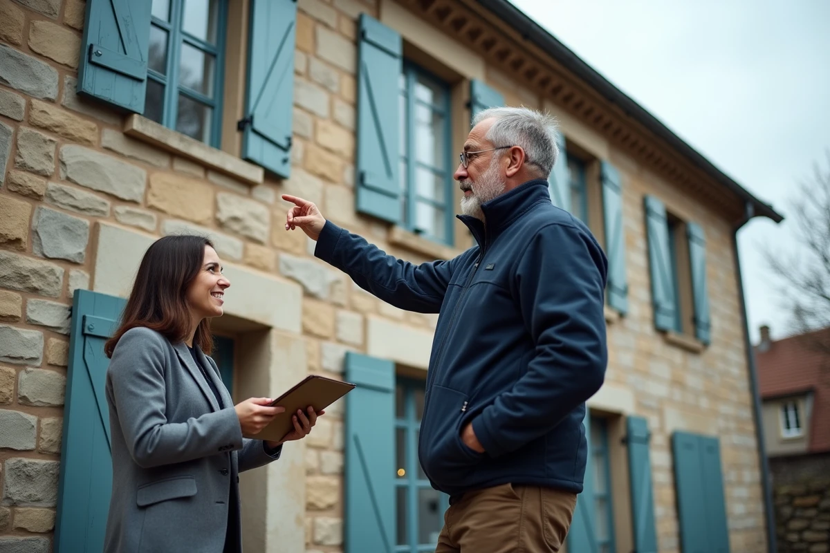 Propriétaire et conseiller évaluant les travaux de rénovation thermique pour une demande de prime rénov