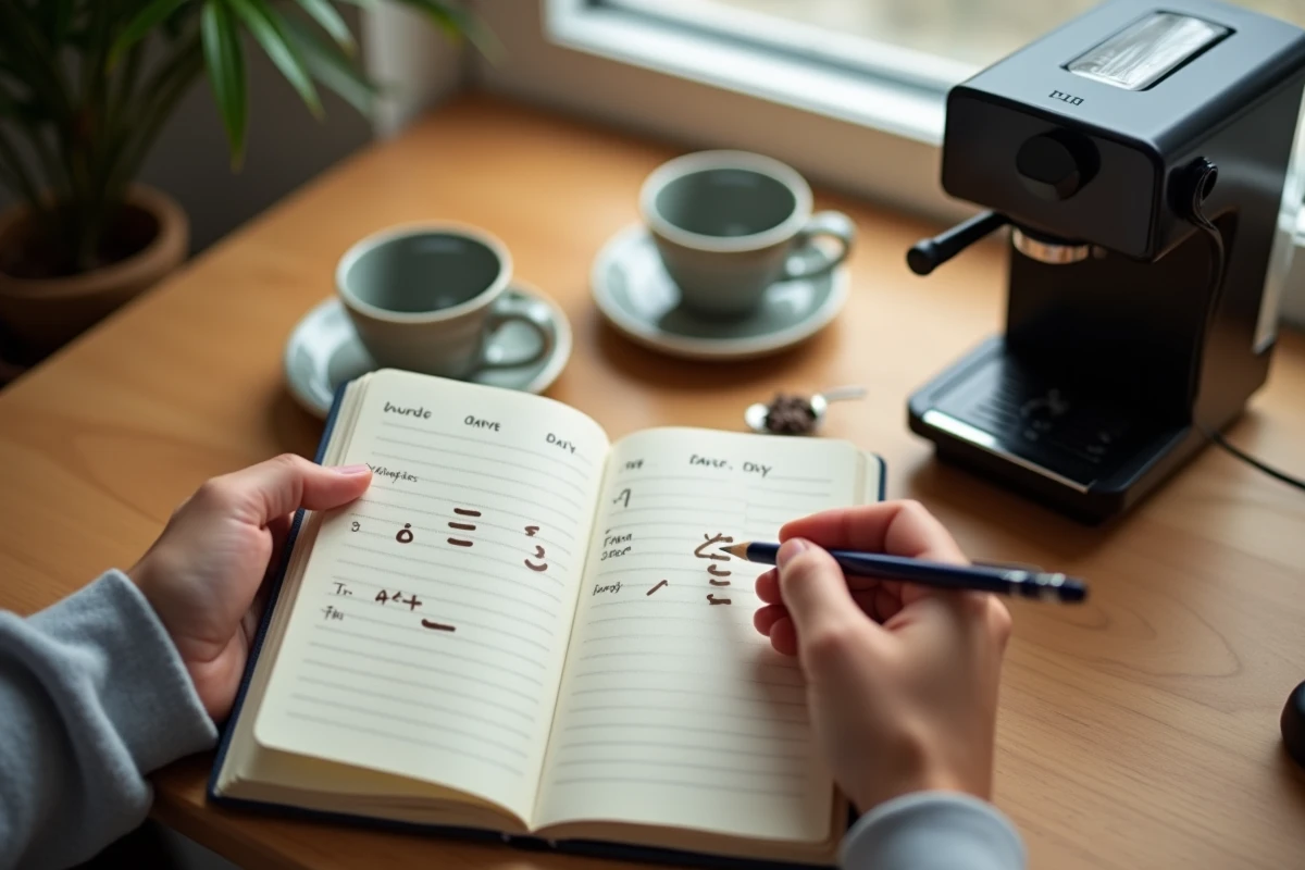 Mains tenant un carnet avec des marques de décompte représentant la consommation quotidienne de café pour évaluer le débit avant d'acheter une machine