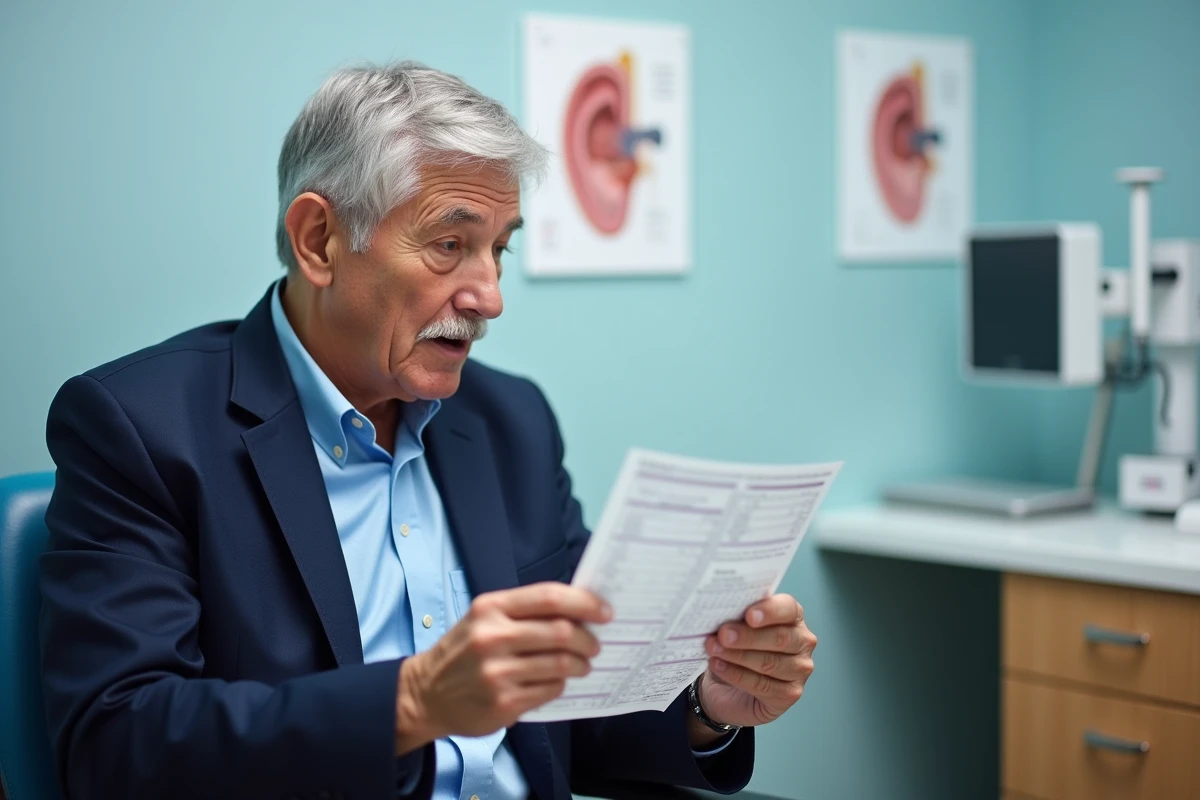homme senior consultant les résultats d'un bilan auditif en clinique, test auditif et prothèse auditive Yerres