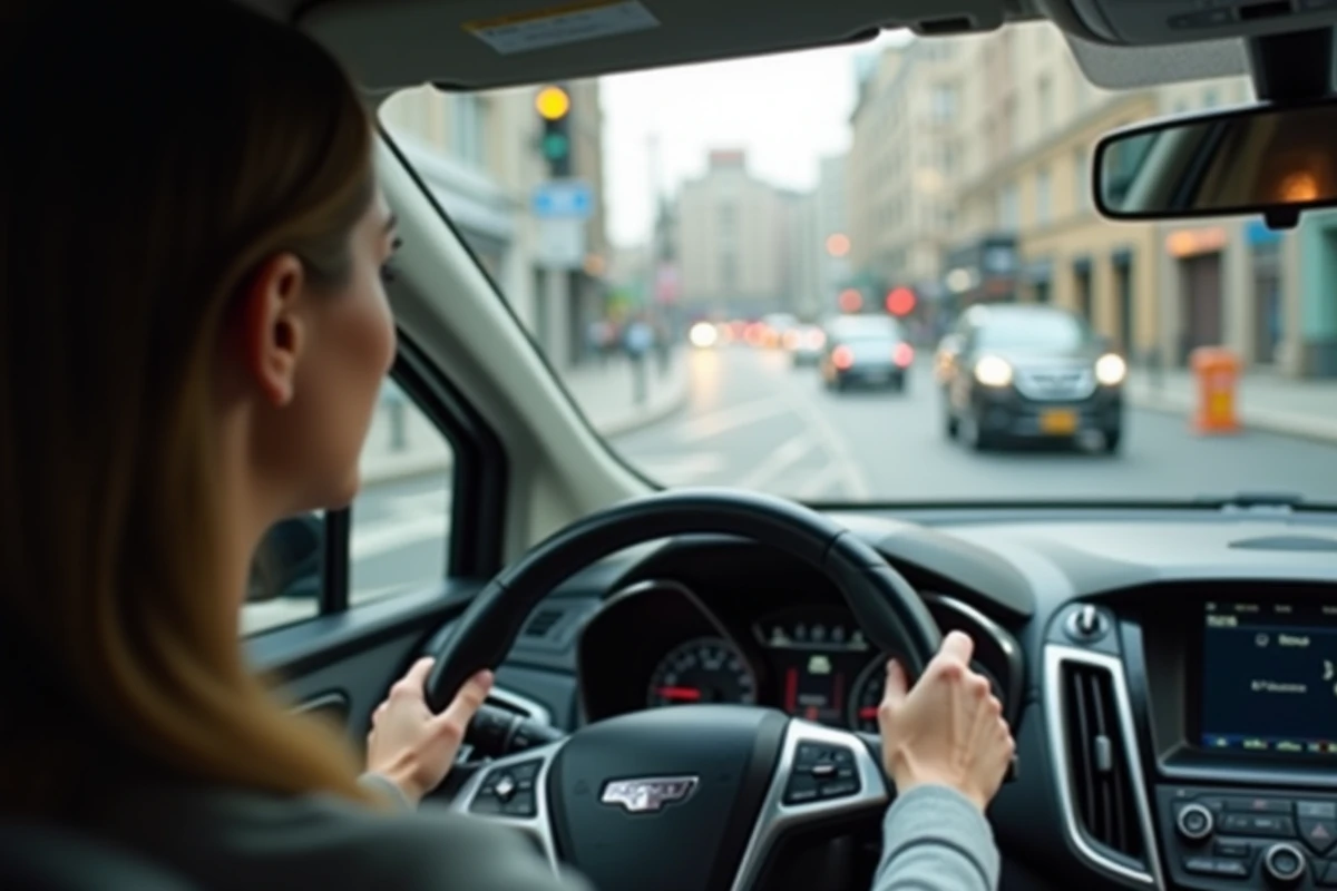 Conductrice réussissant son examen de permis accéléré en circulation urbaine