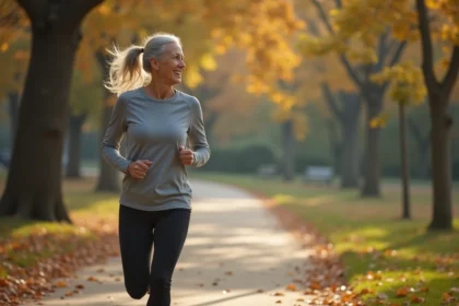 Femme senior active faisant du jogging dans un parc verdoyant avec des feuilles d'automne