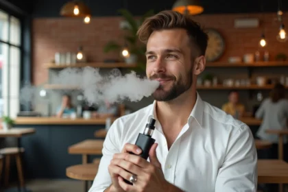 Homme tenant un vaporisateur moderne dans un café urbain, exhalant une vapeur fine avec une expression sereine, illustrant l'expérience des e-liquides premium