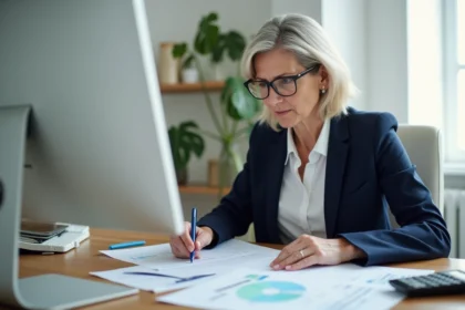 Experte comptable femme d'âge moyen analysant des documents financiers à son bureau home office moderne, calculatrice et contrats visibles