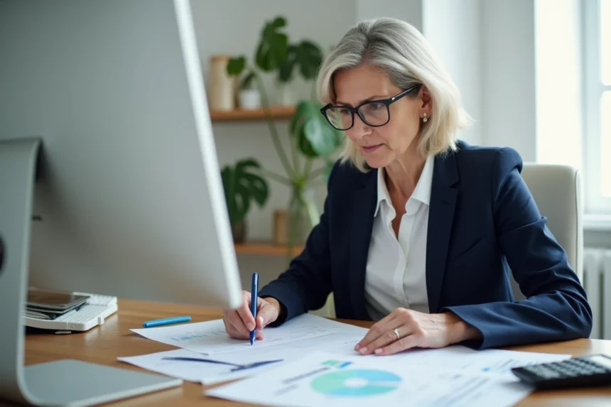 Experte comptable femme d'âge moyen analysant des documents financiers à son bureau home office moderne, calculatrice et contrats visibles
