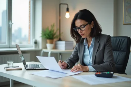 Expert comptable femme examinant attentivement les conditions tarifaires d'un contrat en ligne à son bureau professionnel