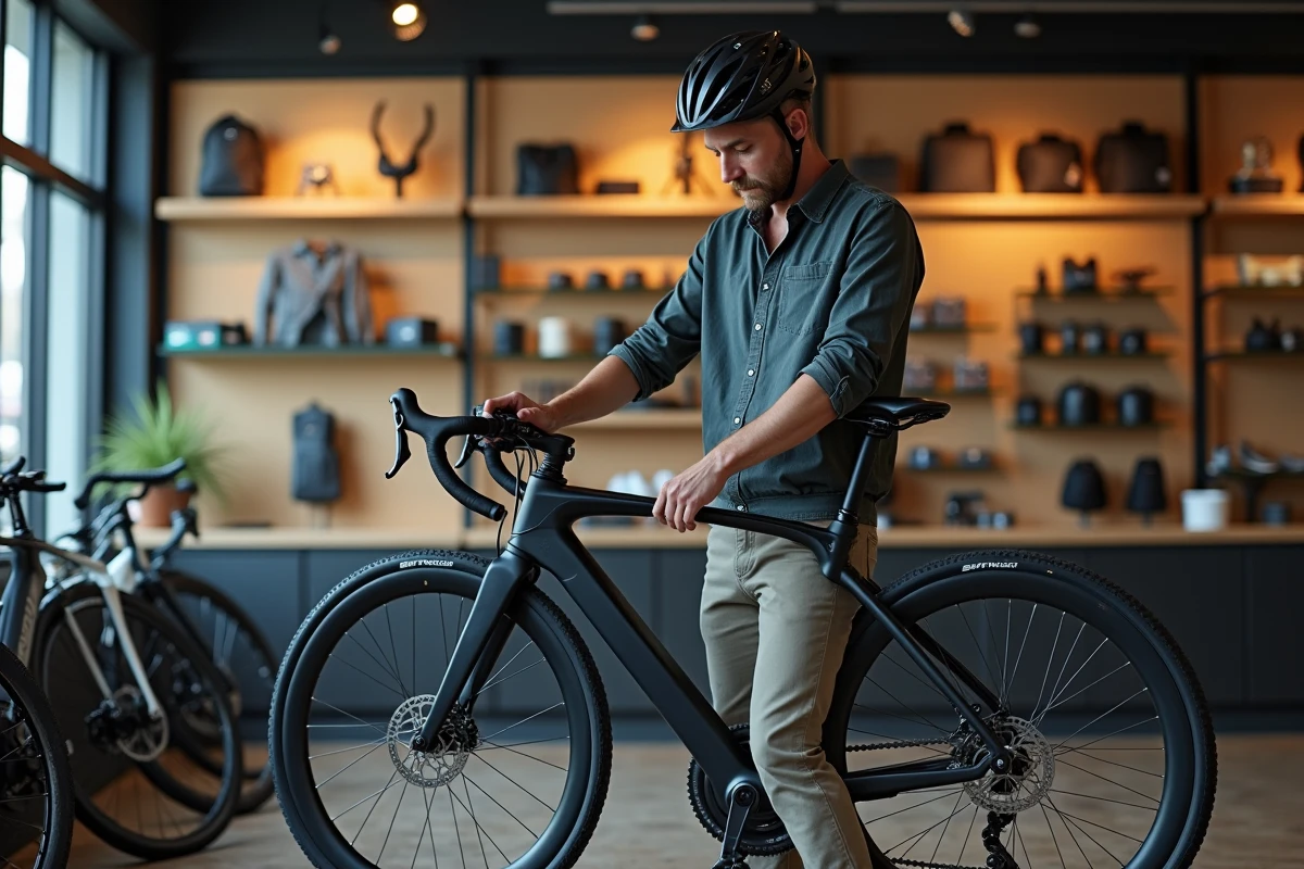 Cycliste expert examinant les caractéristiques d'un vélo électrique premium en boutique spécialisée