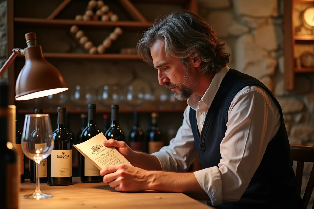 Sommelier expert examinant étiquette vin marocain dans cave de dégustation avec verres et bouteilles arrangées professionnellement