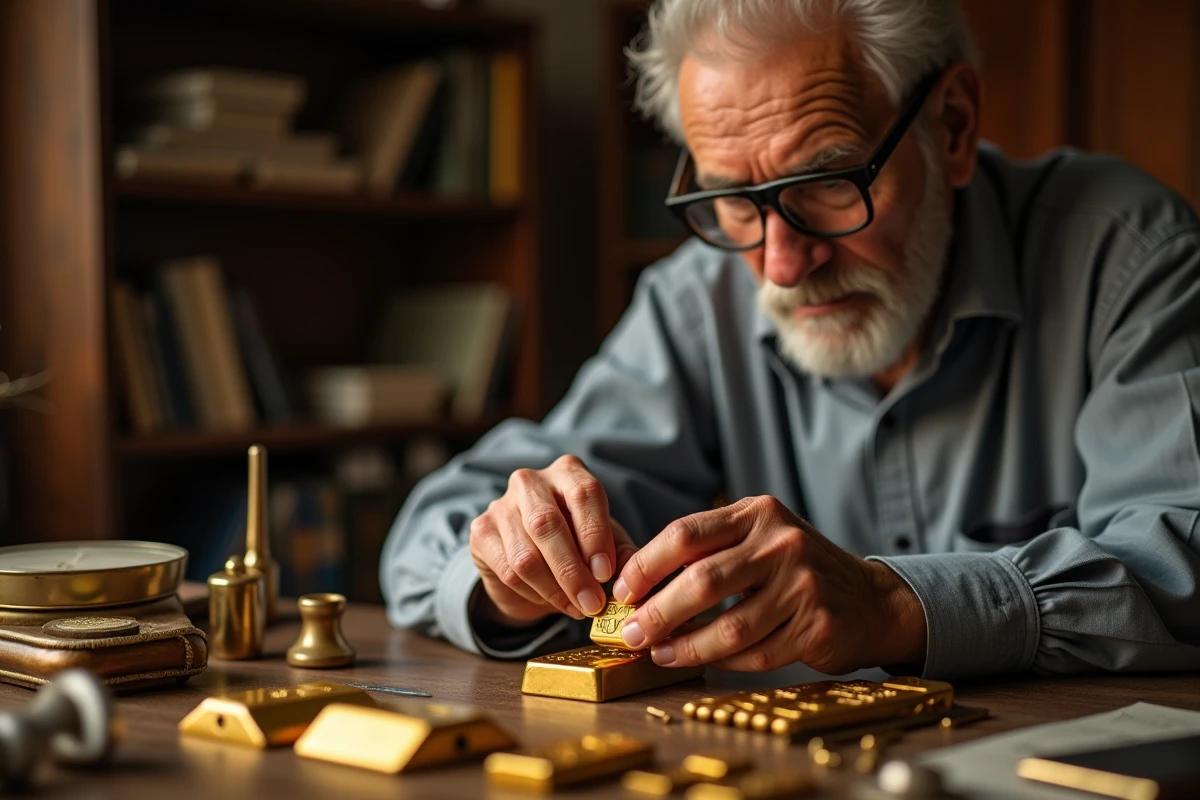 mains expertes examinant un lingot d'or dans un atelier de joaillerie traditionnel avec outils d'évaluation