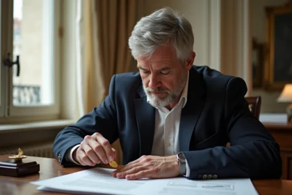 Expert en or à Paris examinant une pièce d'or avec une loupe de joaillier à son bureau