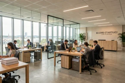 Vue panoramique d'un cabinet d'expertise comptable moderne à Nantes avec des professionnels au travail