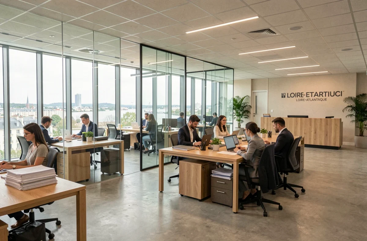 Vue panoramique d'un cabinet d'expertise comptable moderne à Nantes avec des professionnels au travail