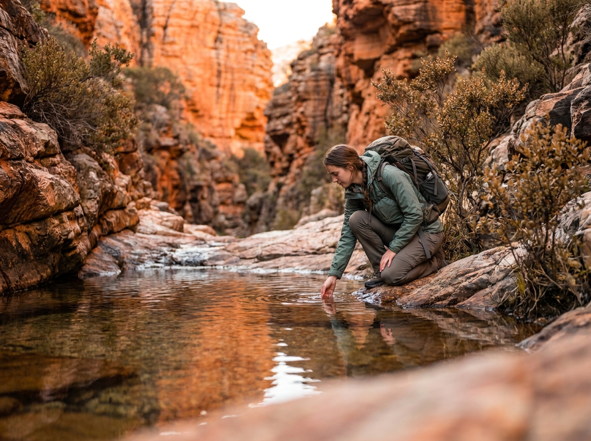 Femme aventurière explorant un bassin naturel dans un canyon rocheux de la région du Cap-Sud en Afrique du Sud
