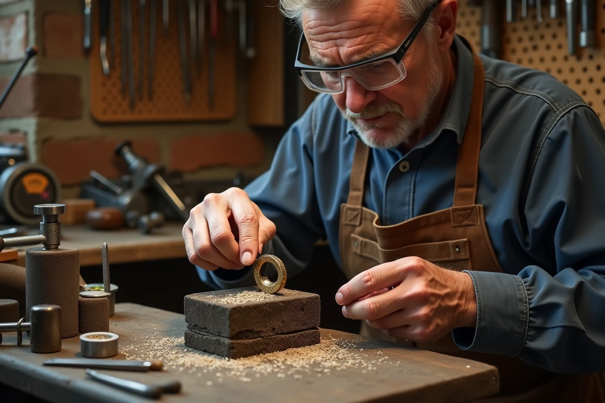 Orfèvre ajustant et façonnant une bague en or à l'établi avec des outils de joaillerie traditionnels