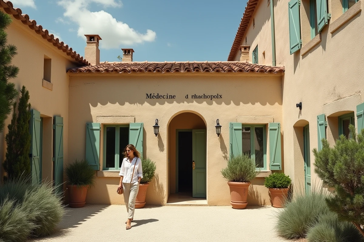 Façade en pierre d'un centre de médecine esthétique en Provence avec cour intérieure et femme élégante à l'entrée