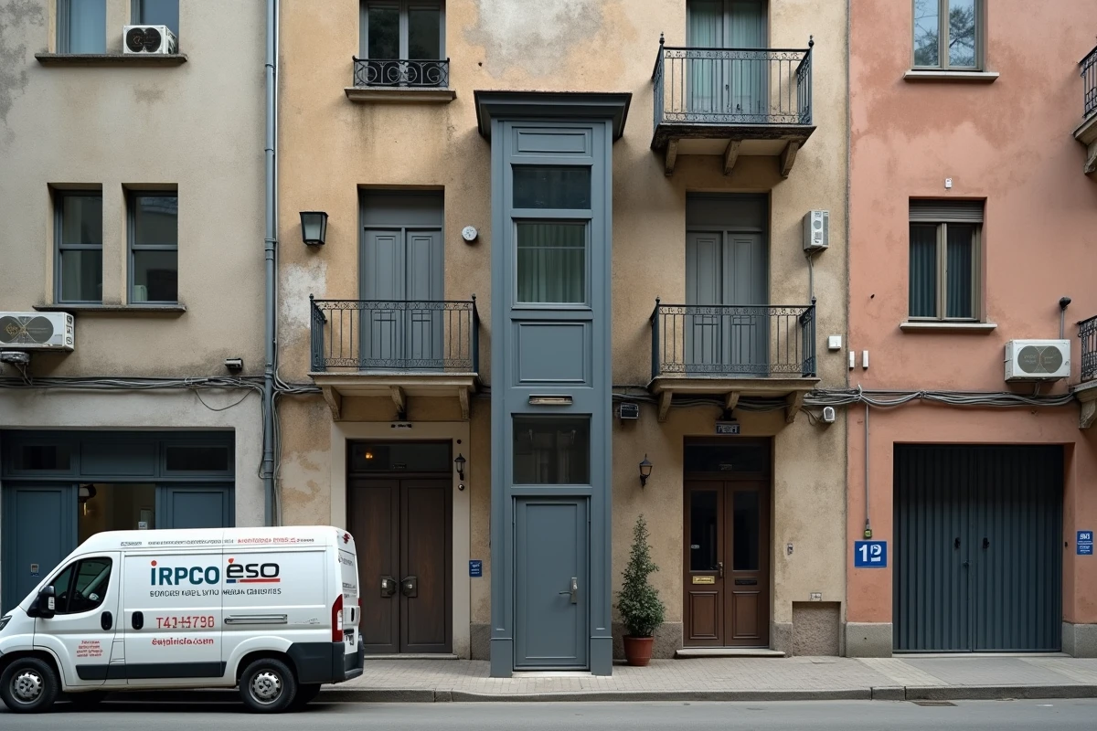 Facade d'un petit immeuble résidentiel avec ascenseur et camion de maintenance en bas de rue