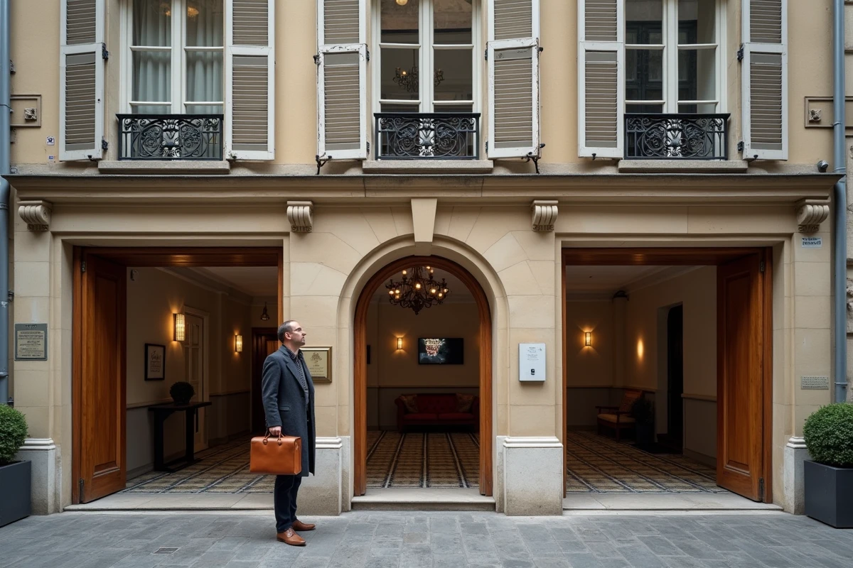 Façade haussmannienne avec balcons sculptés et porte cochère en bois dans une rue du 17e arrondissement de Paris