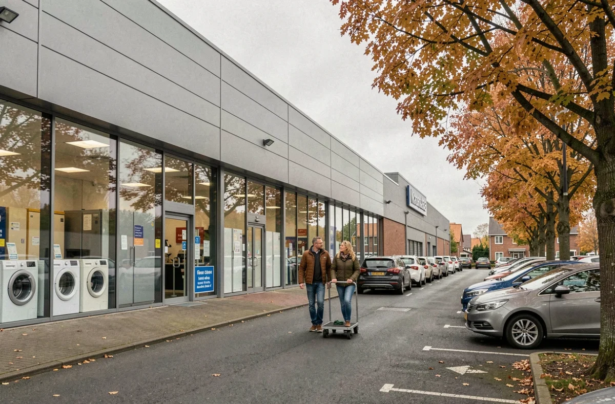 Façade extérieure d'un grand magasin d'électroménager en Normandie avec stationnement et devanture commerciale