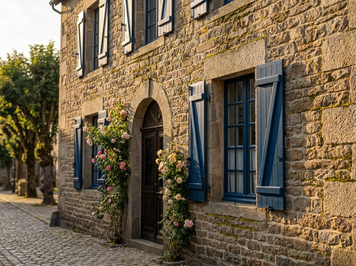Façade authentique d'une maison traditionnelle de Saint-Malo en granit avec volets bleus et roses grimpantes, incarnant le charme des maisons familiales côtières bretonnes