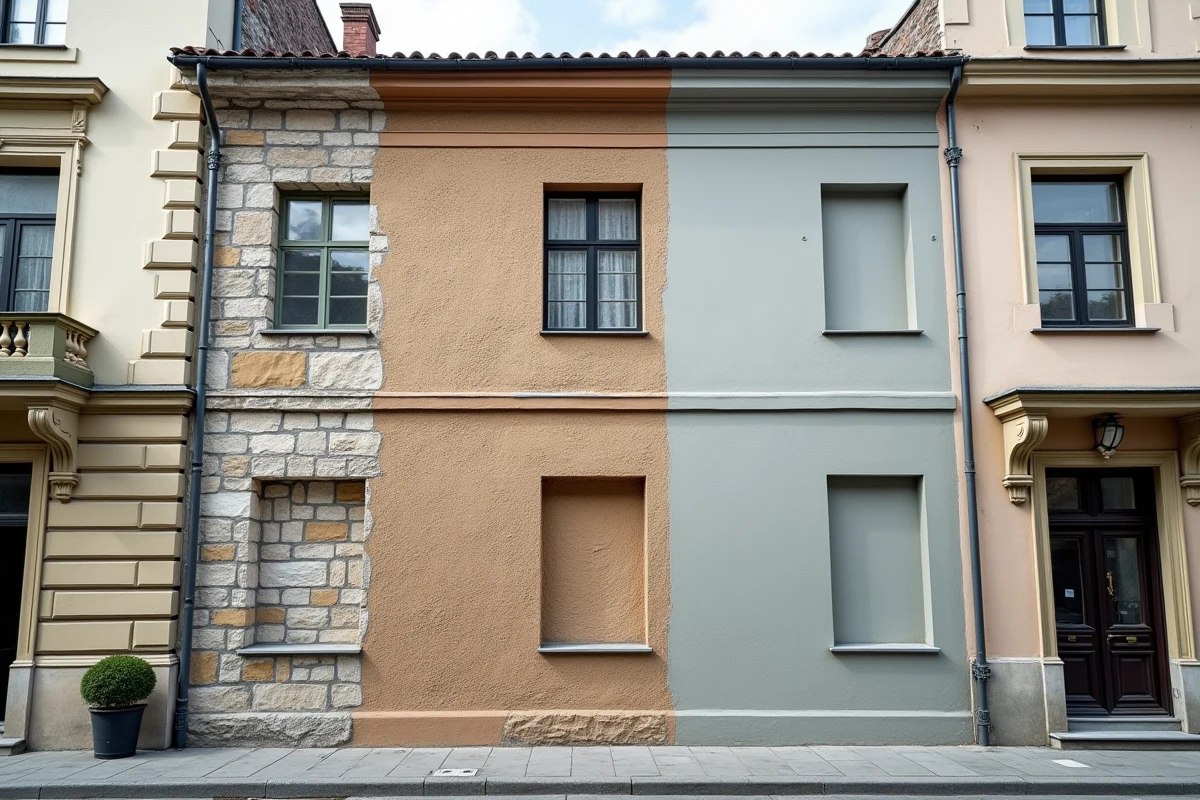 Facade en cours de ravalement avec enduit hydraulique montrant les étapes avant et après restauration