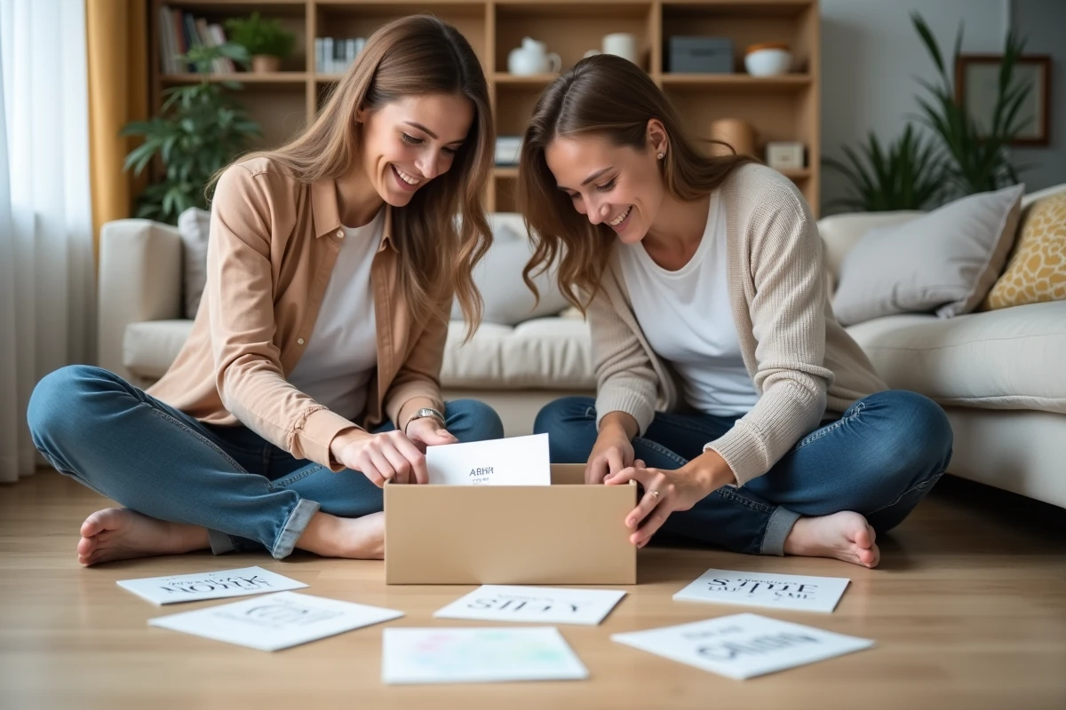 Couple de parents découvrant ensemble des faire-part de naissance modernes personnalisés dans leur salon contemporain, moment authentique de joie
