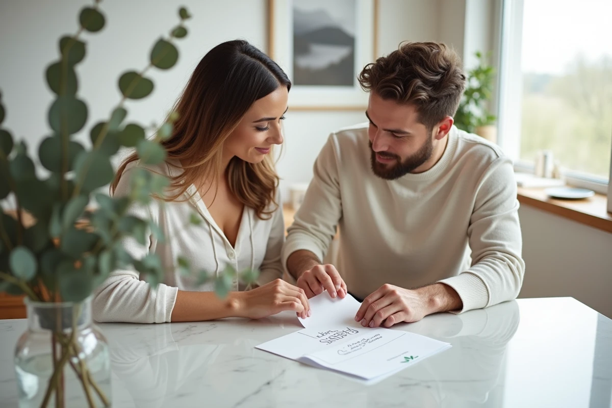 Couple moderne partageant un moment émotionnel avec leurs faire-part de naissance minimalistes dans un intérieur scandinave élégant et lumineux