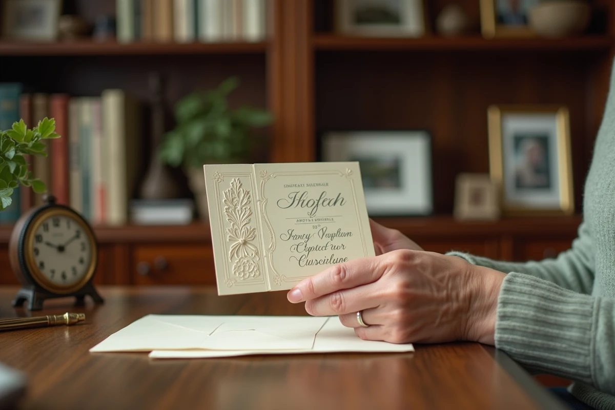 Mains d'une grand-mère tenant un faire-part de naissance personnalisé en relief sur bureau ancien en bois, moment intemporel de transmission familiale