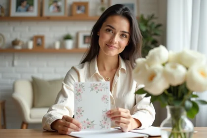 Mère moderne présentant un faire-part de naissance élégant assis à un bureau avec des pivoines blanches et papier à lettres fin