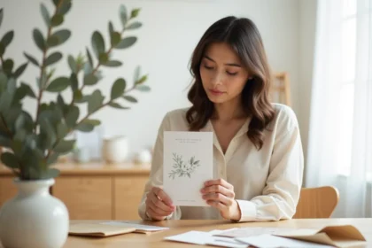 Jeune mère présentant un faire-part de naissance élégant en lin beige avec illustrations aquarelle, assise à table avec enveloppes et fleurs séchées dans intérieur minimaliste