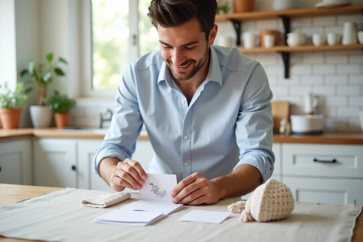 Père arrangeant des faire-part de naissance personnalisés sur table avec détails bébé dans cuisine scandinave lumineuse