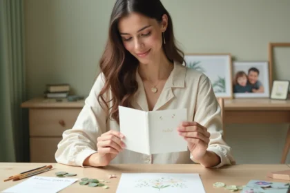Jeune mère présentant un faire-part de naissance design avec style personnel, entourée d'éléments créatifs et botaniques, dans un home studio chaleureux et élégant