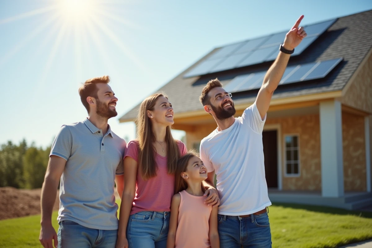 Famille satisfaite observant l'installation de panneaux solaires sur leur maison résidentielle