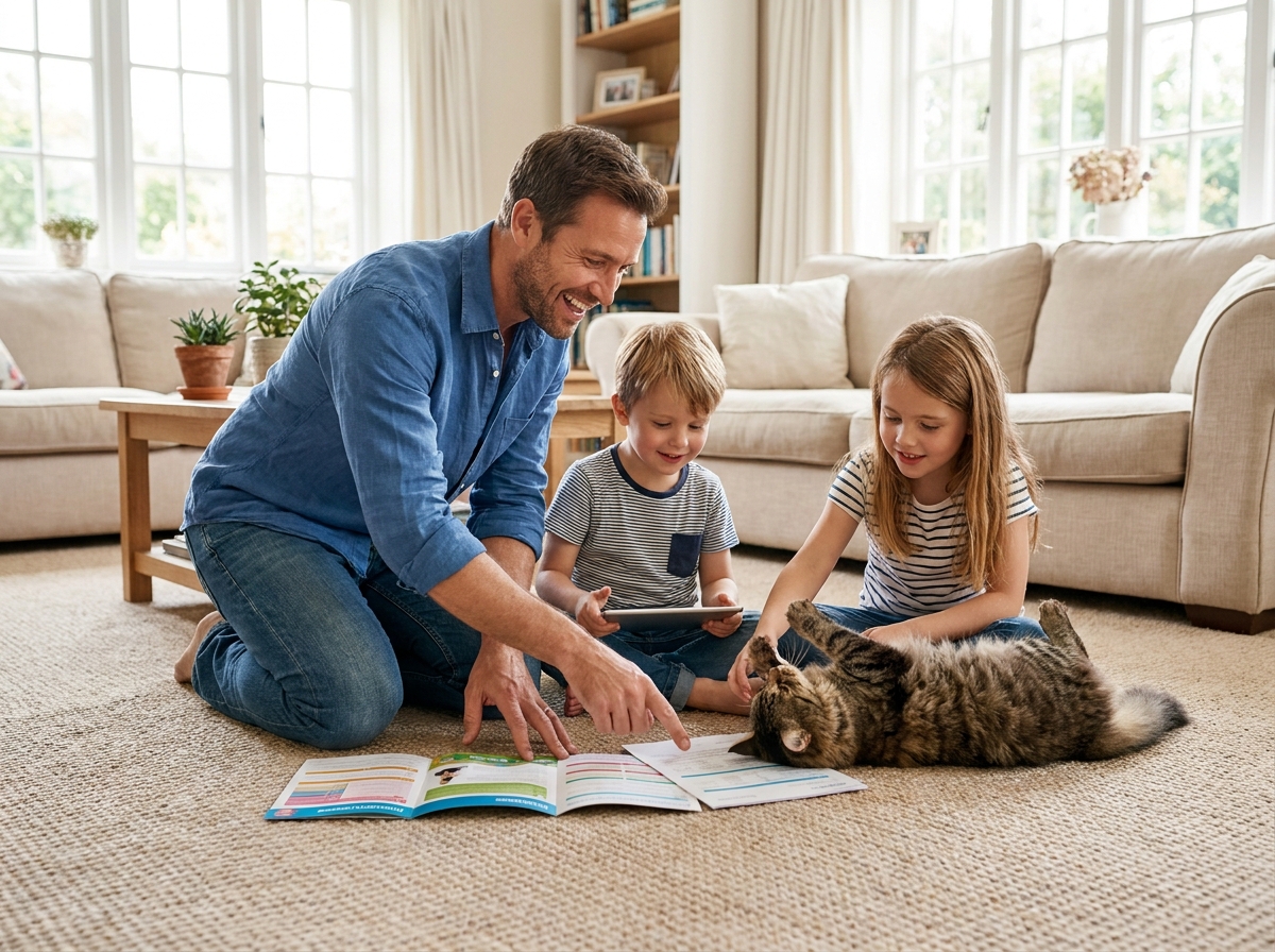 Famille avec enfants et chat examinant ensemble des documents d'assurance pour animaux de compagnie