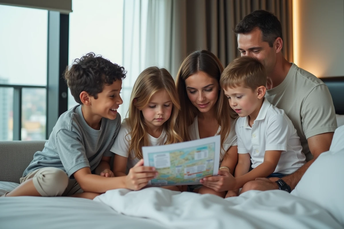 Famille examinant attentivement son itinéraire et guide de voyage dans sa chambre d'hôtel à Dubaï