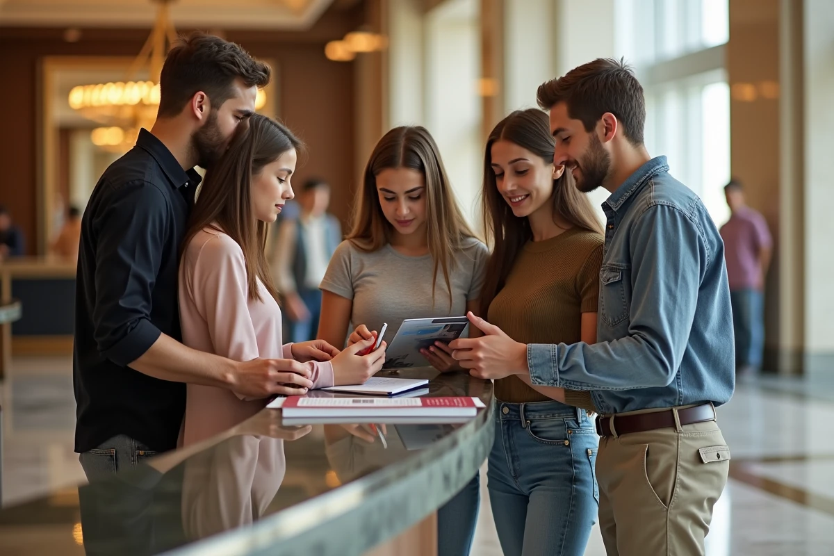 Famille consulte un concierge dans le lobby d'un hôtel de luxe de Dubai pour réserver des excursions