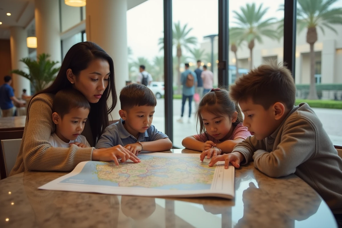 famille consulte une carte routière et guide touristique à la réception d'hôtel à Dubaï