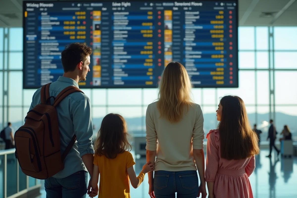 Famille consultant les tarifs des vols sur le tableau d'affichage à l'aéroport