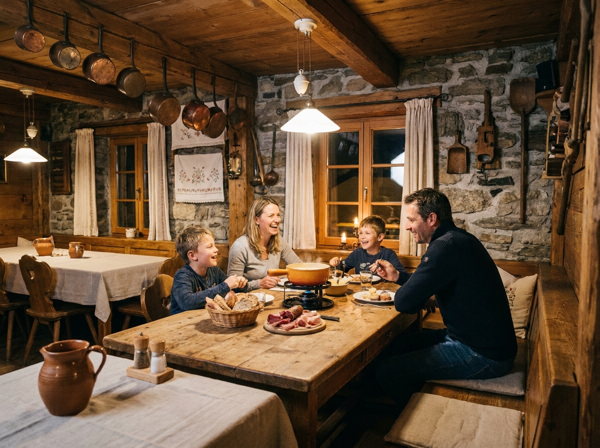 Famille heureuse dînant ensemble dans un vrai chalet de montagne avec décoration alpine authentique