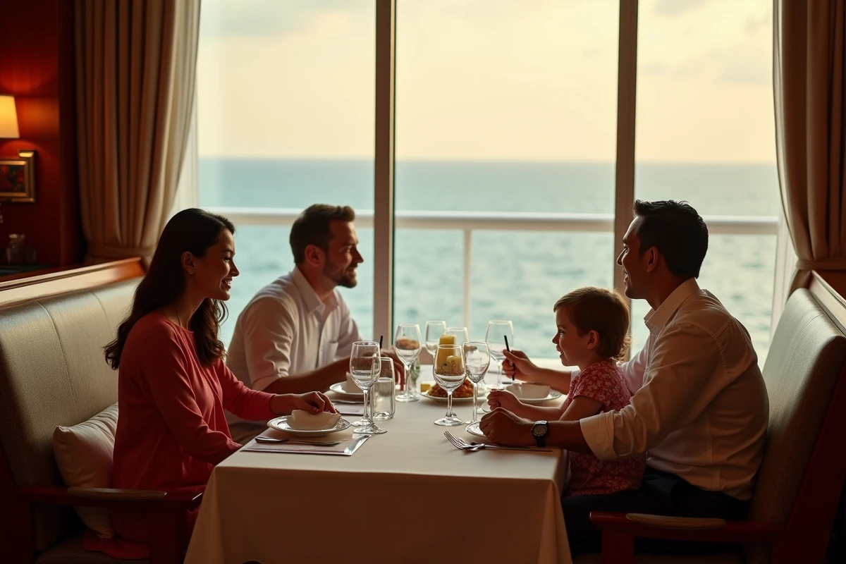 Famille dînant ensemble dans un restaurant élégant d'un navire de croisière avec vue sur l'océan