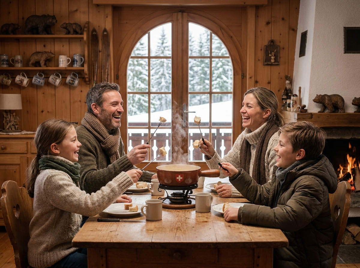 Famille dégustant une fondue savoyarde dans une salle à manger de chalet authentique aux murs en bois massif