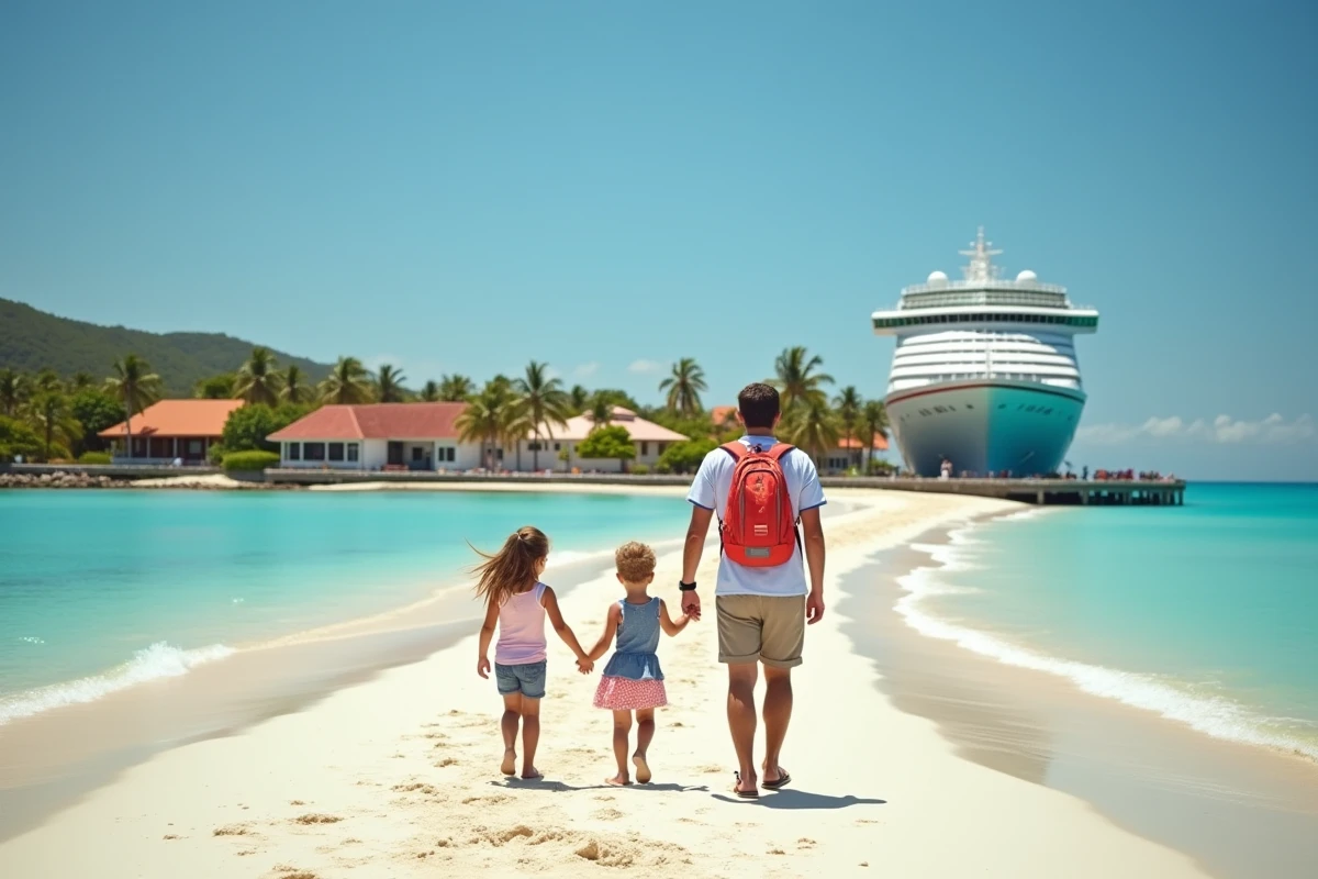 Famille explorant une île tropicale lors d'une escale de croisière en vacances