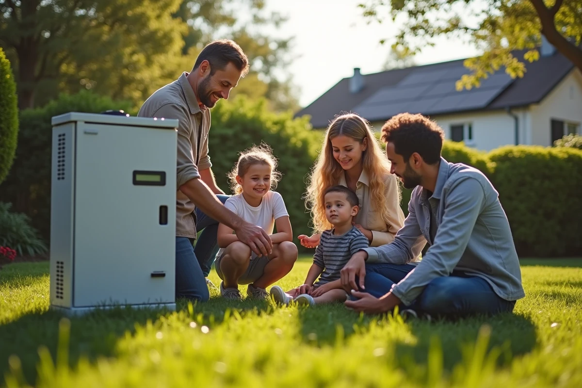 Famille observant l'installation de panneaux solaires et système de stockage d'énergie dans un jardin résidentiel