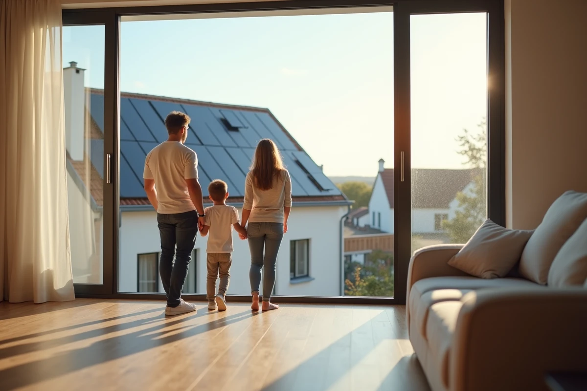 Famille heureuse à l'intérieur d'une maison moderne avec vue sur les panneaux solaires sur le toit par la fenêtre