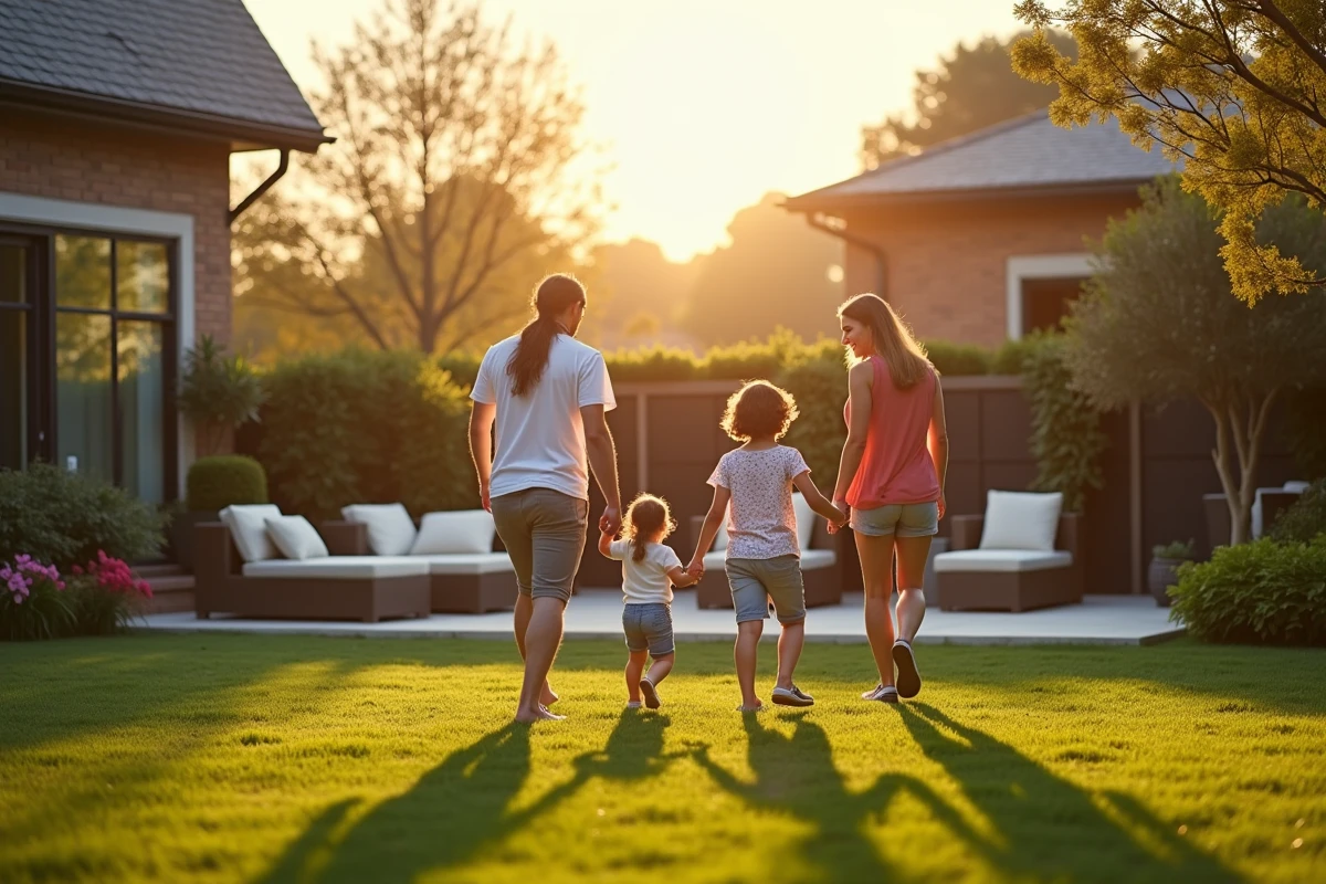 Famille dans jardin spacieux avec clôture aluminium elegante arrière-plan espace extérieur
