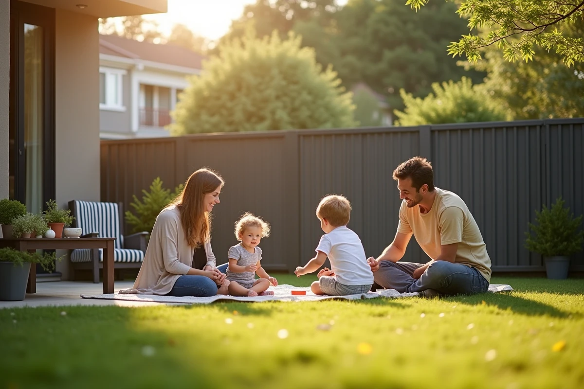Famille profitant d'un jardin sécurisé entouré d'une clôture en aluminium