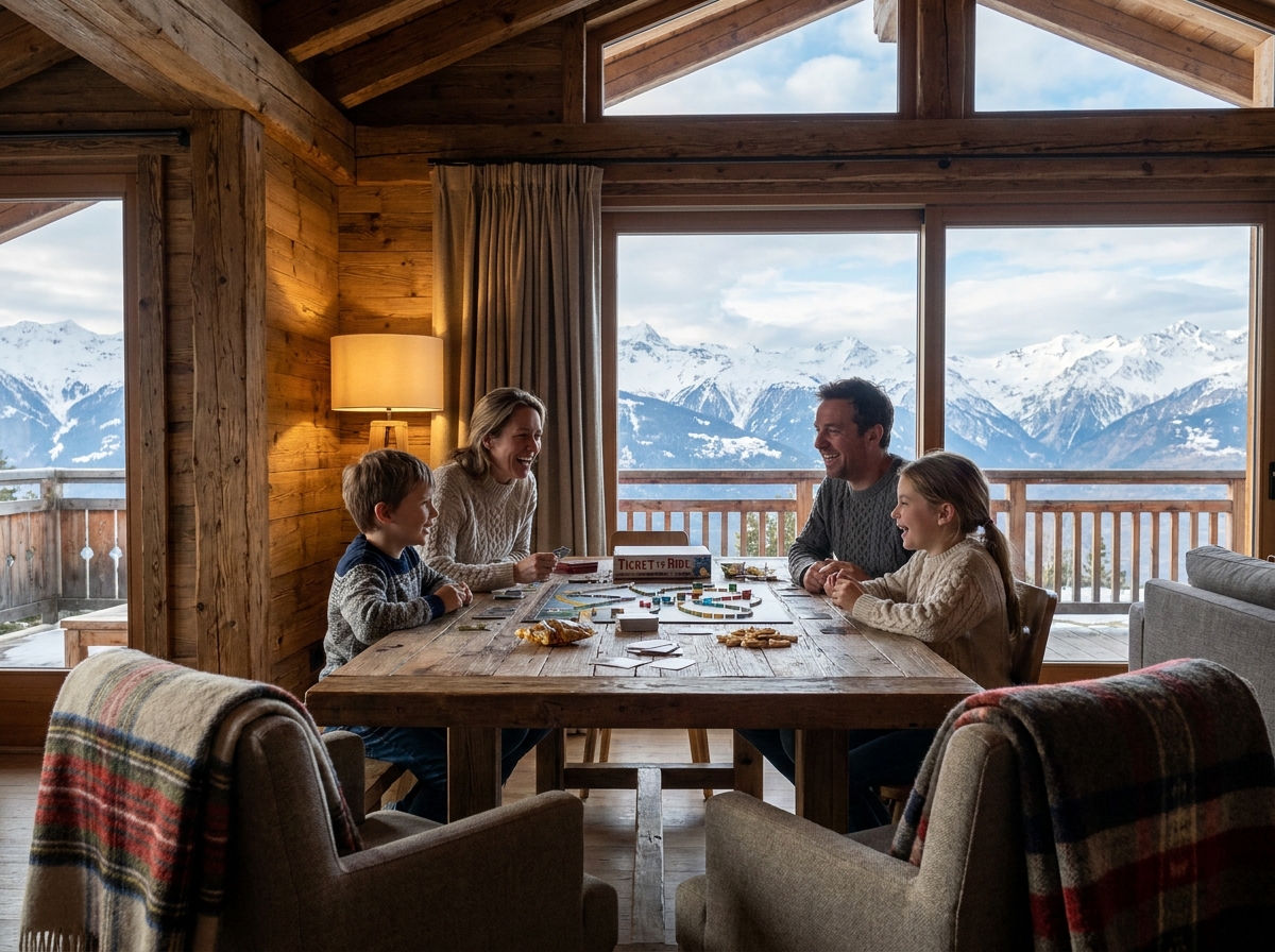 Famille jouant aux jeux de société dans une salle à manger rustique de chalet avec vue sur les montagnes enneigées