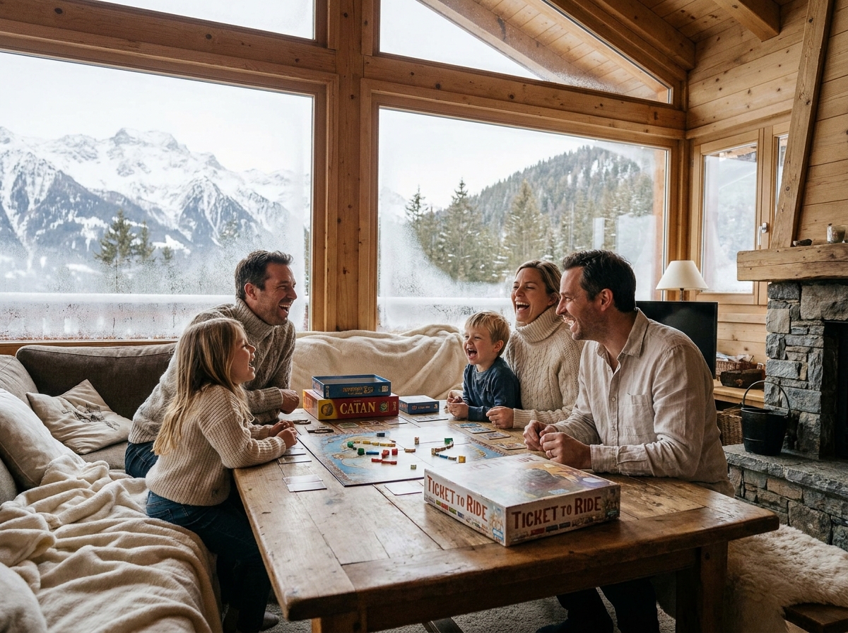 Famille jeux chalet fenêtre montagne vacances ski enfants convivial