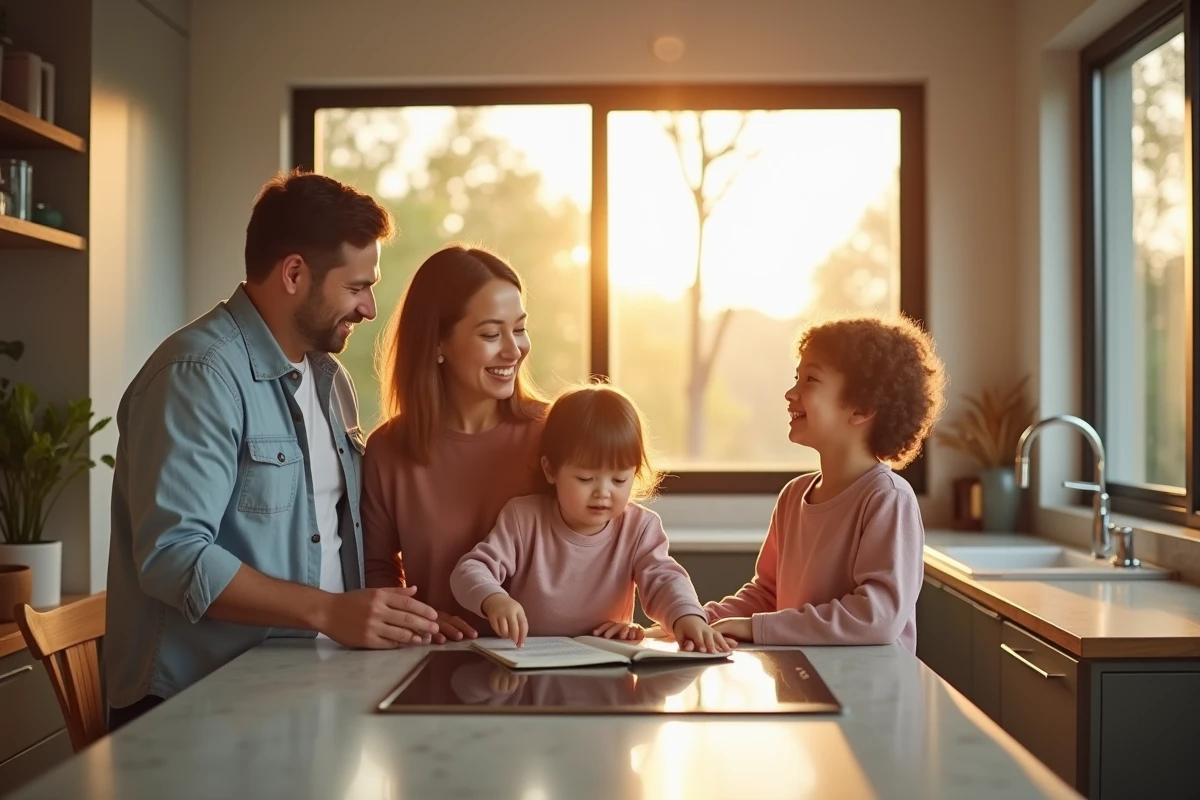 Famille dans une cuisine moderne illuminée naturellement grâce à l'énergie solaire, mode de vie durable